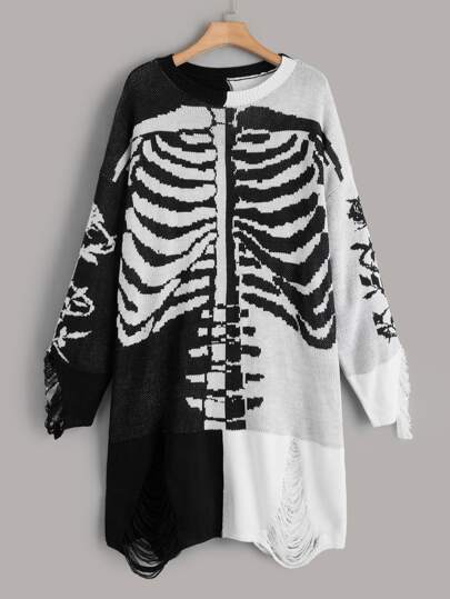 Vestido de punto grunge con patrón de esqueleto desgarro de hombros caídos