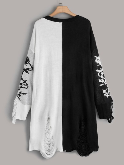 Vestido de punto grunge con patrón de esqueleto desgarro de hombros caídos