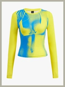 SHEIN ICON 3D Body Print Crop Tee - Yellow - View 1
