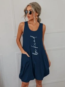 SHEIN LUNE Letter Graphic Dual Pockets Tank Dress - Navy Blue - View 1