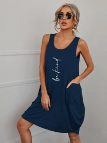 SHEIN LUNE Letter Graphic Dual Pockets Tank Dress - Navy Blue - View 4