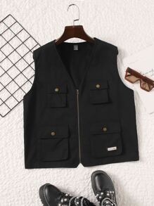 SHEIN ICON Áo khoác nữ Đắp vá Túi Dây kéo Lá thư Giải trí - màu đen - Xem 1