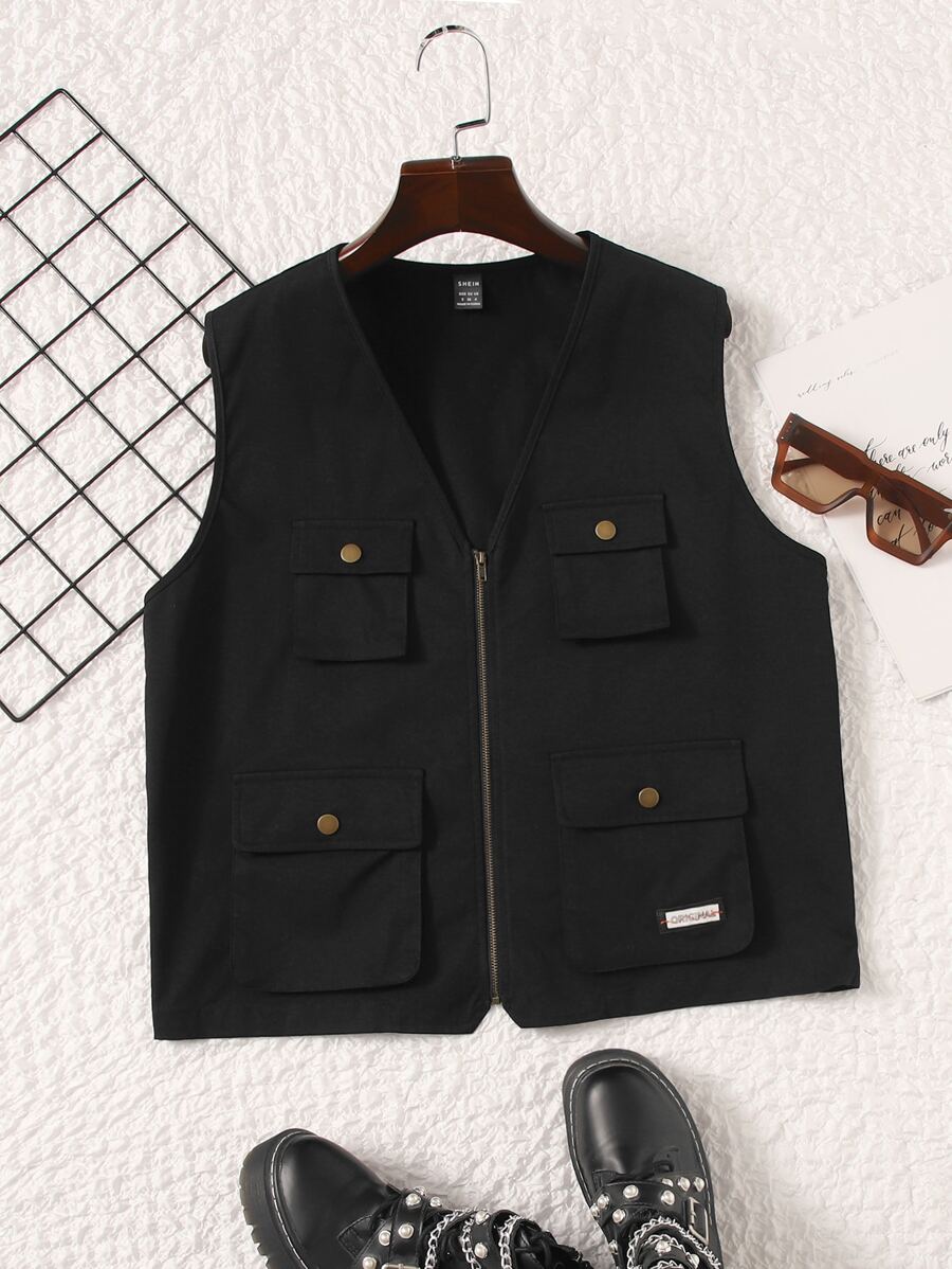 SHEIN ICON Áo khoác nữ Đắp vá Túi Dây kéo Lá thư Giải trí - màu đen - Xem 1