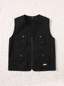 SHEIN ICON Áo khoác nữ Đắp vá Túi Dây kéo Lá thư Giải trí - màu đen - Xem 3