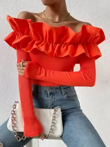 Chiquease 誇張荷葉邊一字肩T恤 - 橘色 - 查看 1