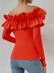 Chiquease 誇張荷葉邊一字肩T恤 - 橘色 - 查看 2