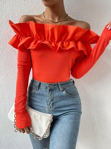 Chiquease 誇張荷葉邊一字肩T恤 - 橘色 - 查看 3