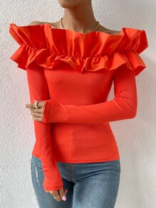 Chiquease 誇張荷葉邊一字肩T恤 - 橘色 - 查看 4