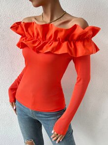 Chiquease 誇張荷葉邊一字肩T恤 - 橘色 - 查看 5