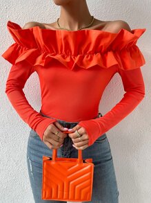 Chiquease 誇張荷葉邊一字肩T恤 - 橘色 - 查看 6