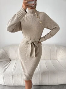 SHEIN Privé Mock Neck Button Detail Raglan Sleeve Belted Jumper Dress - Khaki - View 3