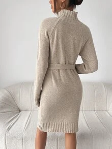 SHEIN Privé Mock Neck Button Detail Raglan Sleeve Belted Jumper Dress - Khaki - View 5