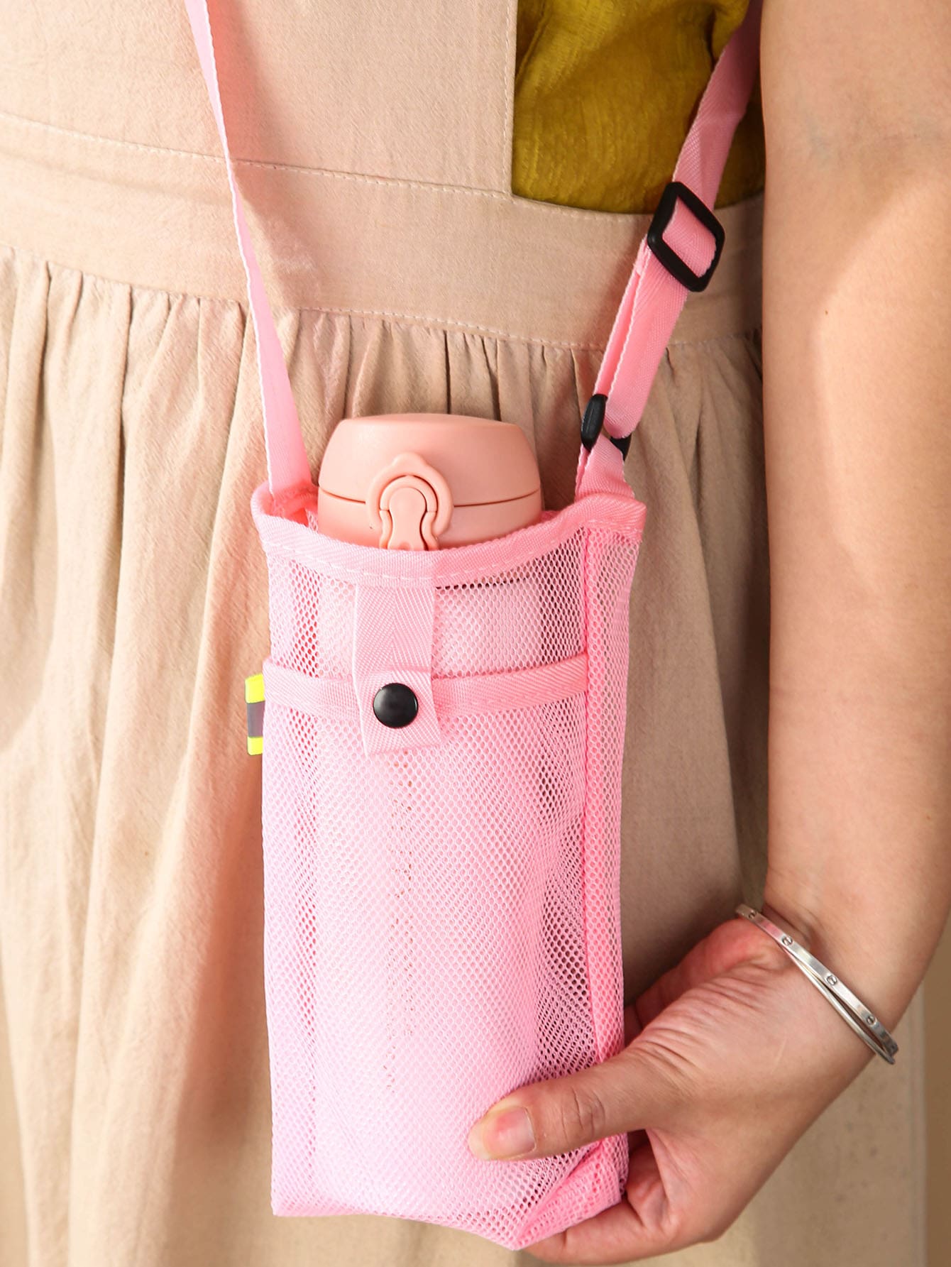 1入組素色粉色瓶極簡素色滌綸瓶子罩附帶繩子適用於戶外 - 粉色 - 查看 1