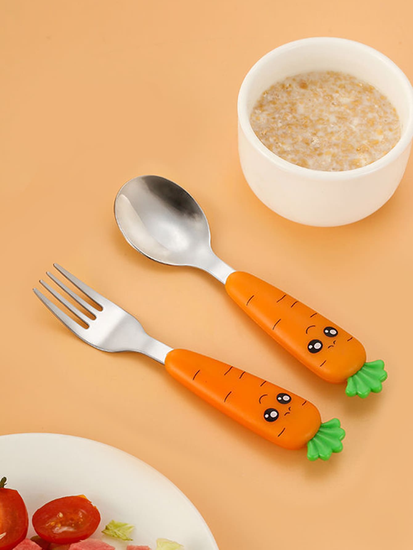 1pc Reusable Stainless Steel Spoon & 1pc Fork,Cute Carrot Design Washable Dinner Spoon & Fork For Children - Orange - View 1