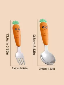 1pc Reusable Stainless Steel Spoon & 1pc Fork,Cute Carrot Design Washable Dinner Spoon & Fork For Children - Orange - View 5