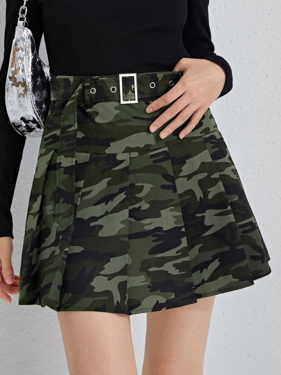 SHEIN 青少年女孩金屬扣環腰帶百褶迷彩半身裙