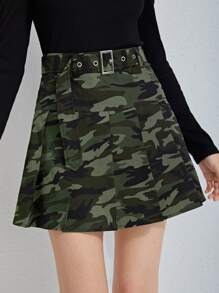 SHEIN 青少年女孩金屬扣環腰帶百褶迷彩半身裙