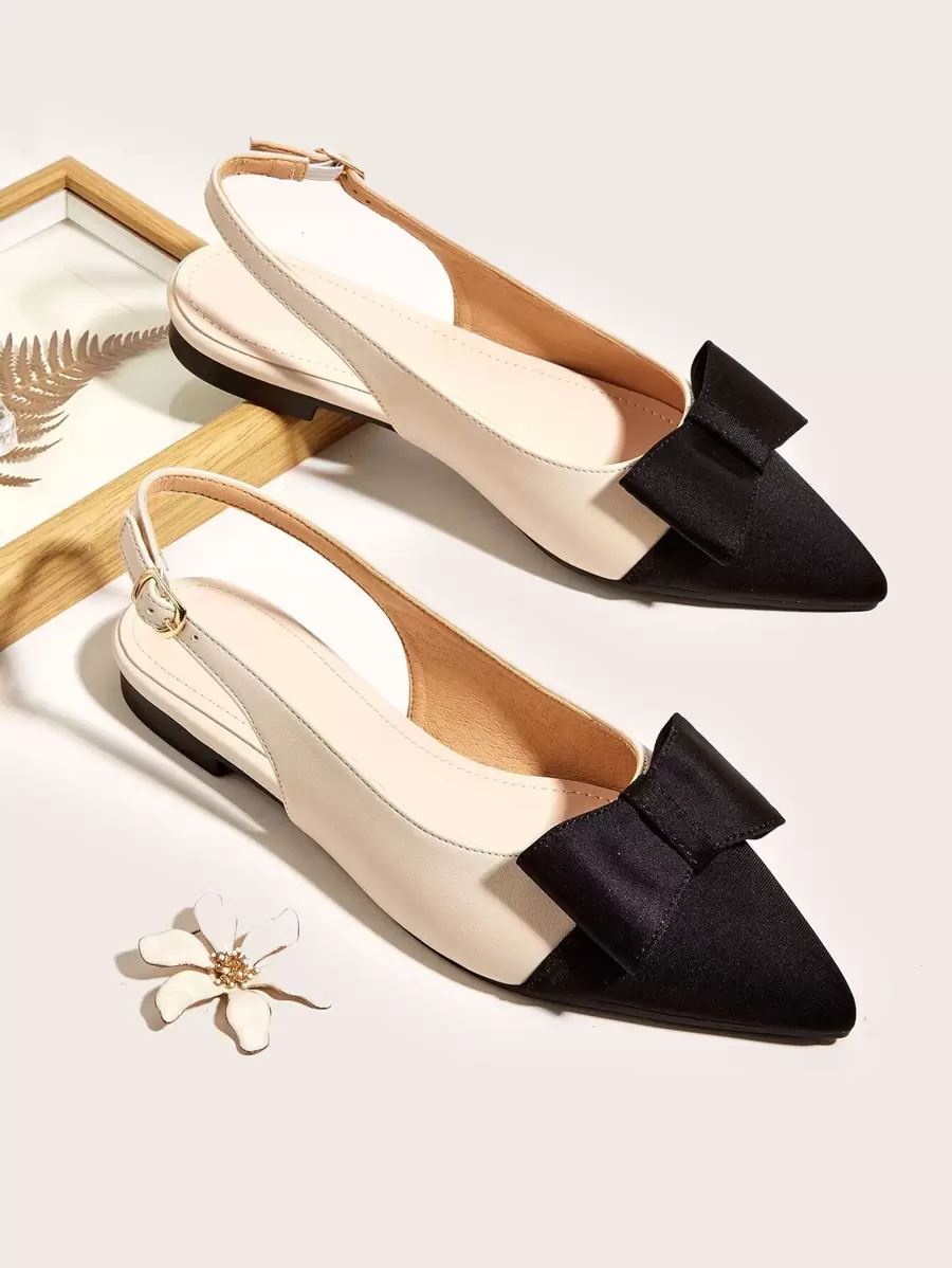Fall/Winter Two Tone Bow Decor Point Toe Slingback Flats Valentines - Multicolor - View 1