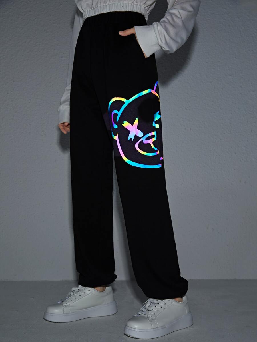 SHEIN Teen Girls Reflective Bear Print Joggers - Black - View 1