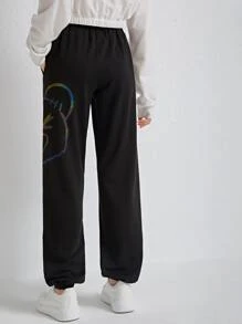 SHEIN Teen Girls Reflective Bear Print Joggers - Black - View 2