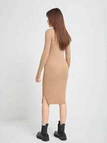 SHEIN Chicas adolescentes Vestido de punto bajo con abertura tejido de canalé - Caqui - Ver 2