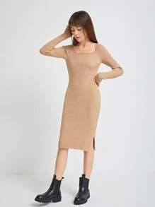 SHEIN Chicas adolescentes Vestido de punto bajo con abertura tejido de canalé - Caqui - Ver 6
