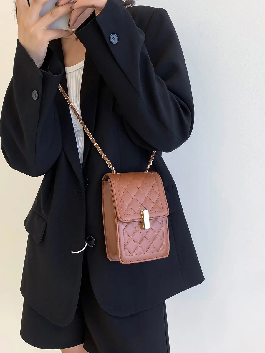 Mini Quilted Chain Flap Square Bag - Brown - View 1