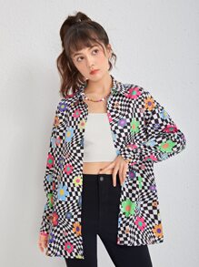 SHEIN Teen Girls Checker & Floral Print Shirt Without Tube Top - Multicolor - View 1