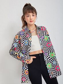 SHEIN Teen Girls Checker & Floral Print Shirt Without Tube Top - Multicolor - View 3