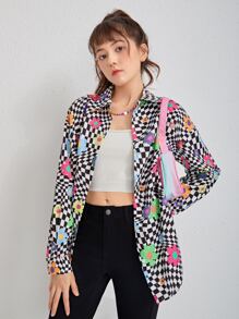 SHEIN Teen Girls Checker & Floral Print Shirt Without Tube Top - Multicolor - View 5