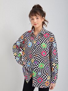 SHEIN Teen Girls Checker & Floral Print Shirt Without Tube Top - Multicolor - View 6
