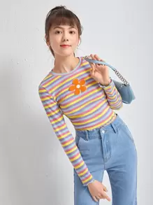 SHEIN Teen Girls Floral & Striped Print Lettuce Trim Tee