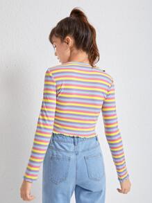 SHEIN Teen Girls Floral & Striped Print Lettuce Trim Tee