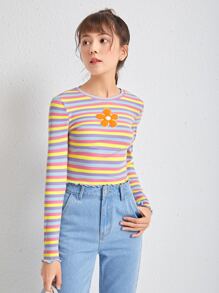 SHEIN Teen Girls Floral & Striped Print Lettuce Trim Tee