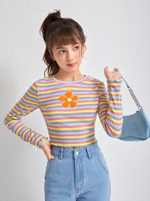 SHEIN Teen Girls Floral & Striped Print Lettuce Trim Tee