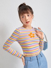 SHEIN Teen Girls Floral & Striped Print Lettuce Trim Tee
