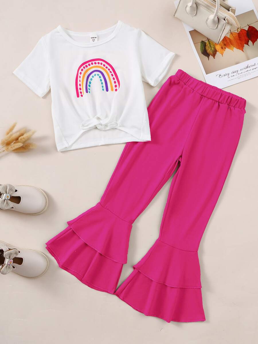 SHEIN Niñitas Top de tirantes con estampado de arcoíris bajo con nudo & Pantalones acampanados - Multicolor - Ver 1