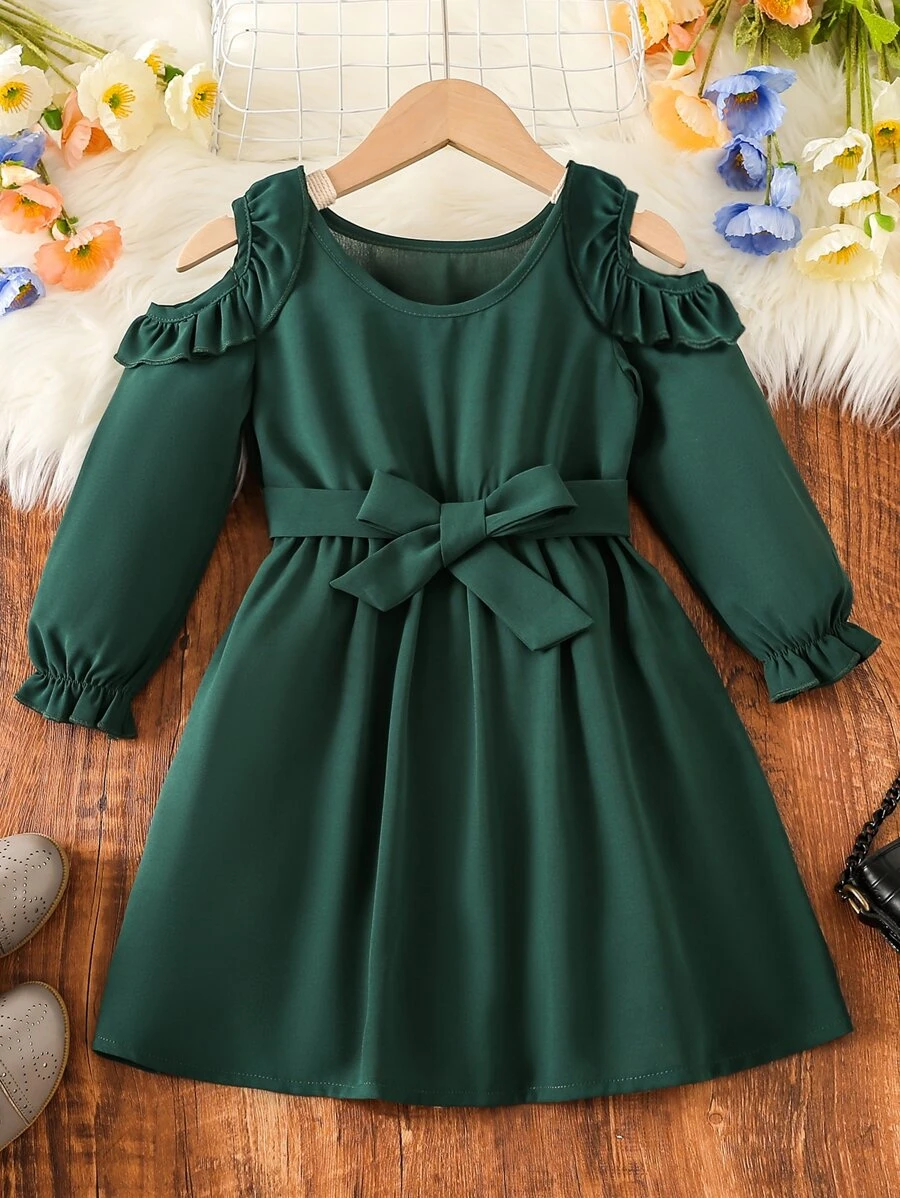 SHEIN Toddler Girls 1pc Cold Shoulder Ruffle Trim Belted Dress - Dark Green - View 1