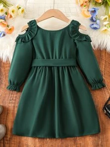 SHEIN Toddler Girls 1pc Cold Shoulder Ruffle Trim Belted Dress - Dark Green - View 2