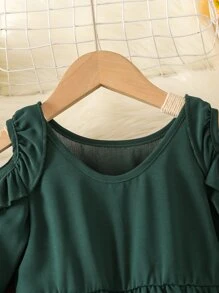 SHEIN Toddler Girls 1pc Cold Shoulder Ruffle Trim Belted Dress - Dark Green - View 4