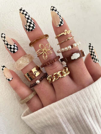 12 件花朵和人造珍珠装饰戒指 情人节、妈妈、母亲、母亲节、礼物