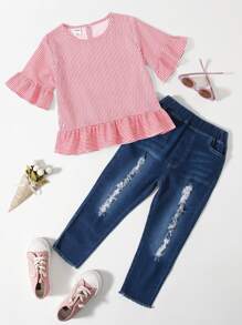 SHEIN Niñas Blusa de rayas con Jeans desgarro - Multicolor - Ver 1