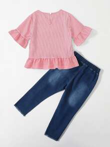 SHEIN Niñas Blusa de rayas con Jeans desgarro - Multicolor - Ver 2