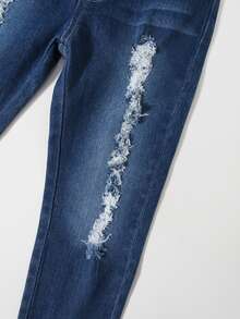 SHEIN Niñas Blusa de rayas con Jeans desgarro - Multicolor - Ver 3