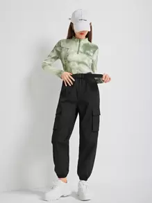 SHEIN Teen Girls Tie Dye Half Zip Tee & Belted Cargo Pants - Multicolor - View 1