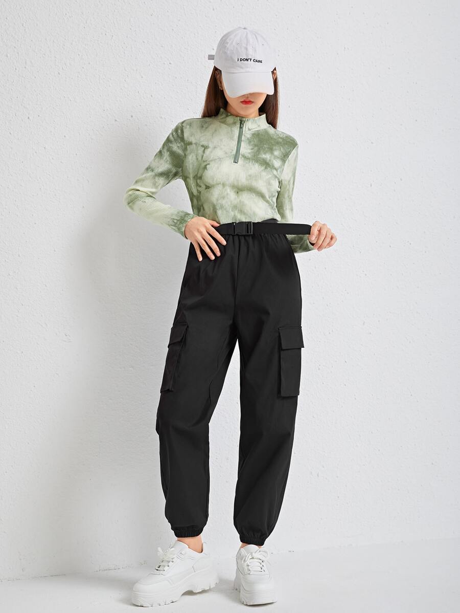 SHEIN Teen Girls Tie Dye Half Zip Tee & Belted Cargo Pants - Multicolor - View 1