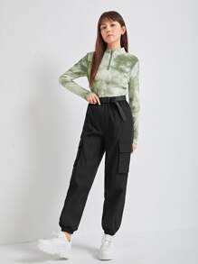 SHEIN Teen Girls Tie Dye Half Zip Tee & Belted Cargo Pants - Multicolor - View 3