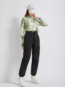 SHEIN Teen Girls Tie Dye Half Zip Tee & Belted Cargo Pants - Multicolor - View 4