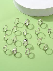 16 piezas Anillo serpiente & con diseño de luna - Plateado - Ver 1