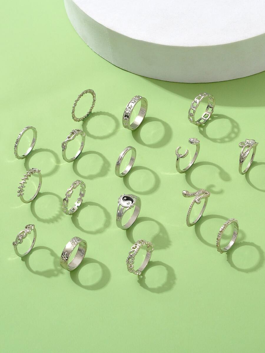 16 piezas Anillo serpiente & con diseño de luna - Plateado - Ver 1